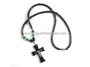 18inch Hematite Cross Pendant with Silver Jesus Stone Strands Necklace